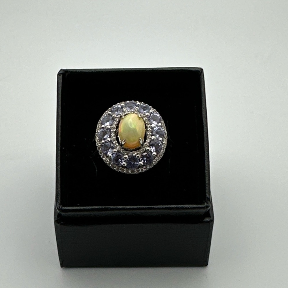 Sterling Silver 925 Ethiopian Opal Surrounded By Tanzanite Size 11.